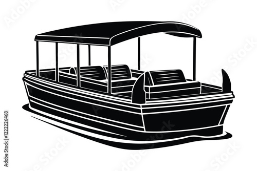 A black and white silhouette of a pontoon boat1.eps