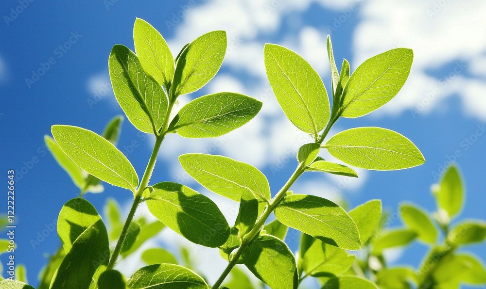 Green leaves against blue sky with clouds, ideal for nature or growth themes Green leaves against blue sky with clouds, ideal for nature or growth themes