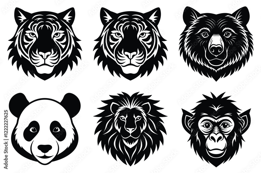 Obraz premium Animal mascot icon set, Wild animal head logo silhouette collection vector illustration