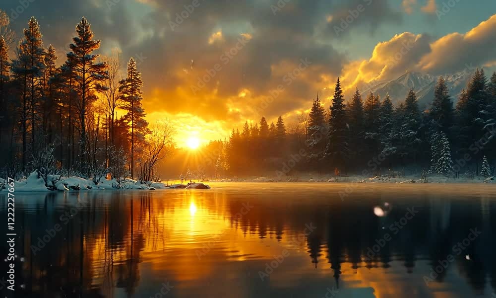Serene sunset over a tranquil lake surrounded by snow-covered trees and mountains in the background Serene sunset over a tranquil lake surrounded by snow-covered trees and mountains in the background