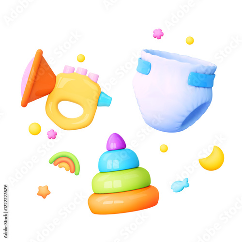 3d baby, kids toy and object icons. Diaper, pyramid and music toy isolated. Cartoon vector illustration, childish template and shower