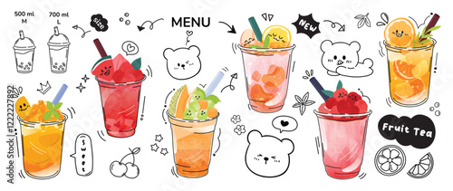 Smoothie and juice beverage with cute doodle decoration. Punch, lemon, watermelon, orange juice in glasses. Vector illustration blended coffee for logo, promotion, marketing, banner, ads.