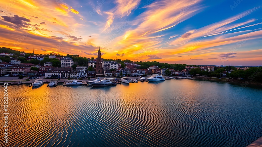 Obraz premium Vibrant sunset over a picturesque european town with a marina filled with yachts and boats, reflecting in calm waters.