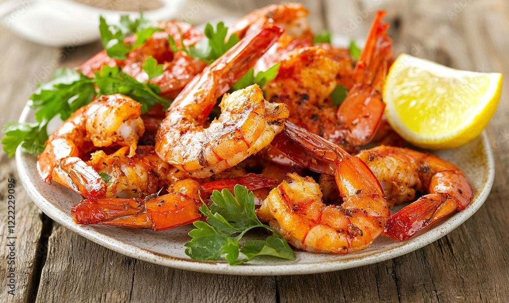 Grilled shrimp with lemon and parsley on rustic wooden table Grilled shrimp with lemon and parsley on rustic wooden table
