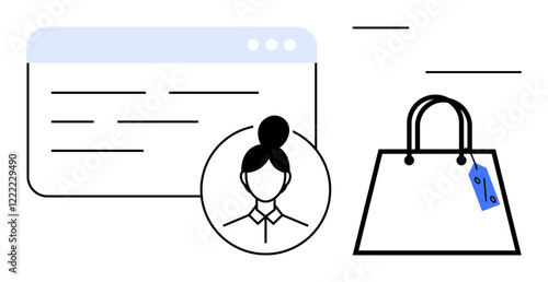 User profile icon, shopping bag with discount tag, and website or application interface. Ideal for online shopping, e-commerce, user interface design, digital marketing, customer management, sales