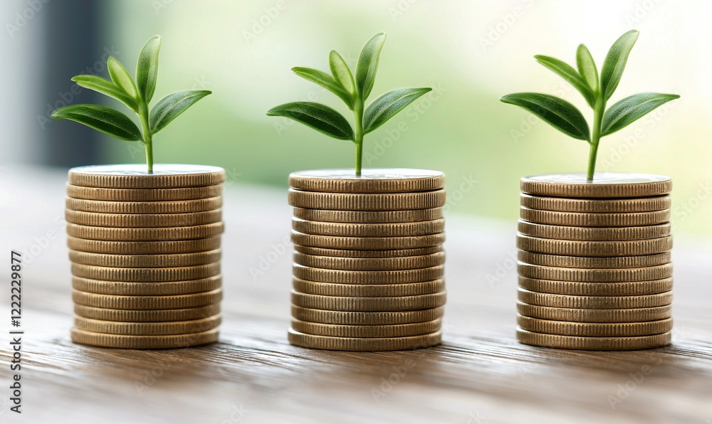 Growing plants on coin stacks, showing investment growth on a wooden table Growing plants on coin stacks, showing investment growth on a wooden table