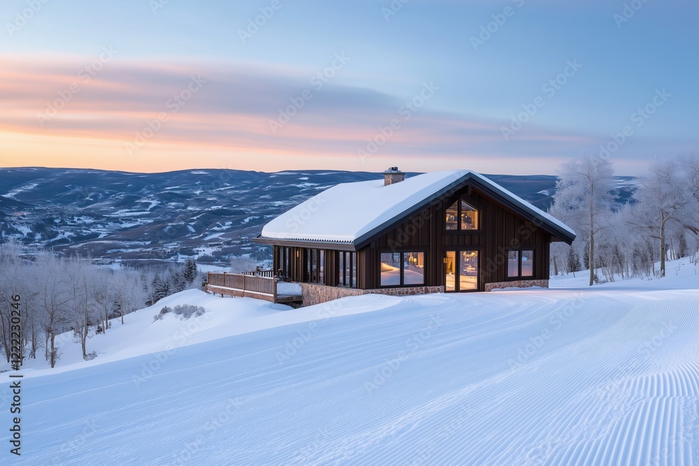 Rustic wooden cabin with large windows on a snowy hill at sunset overlooking a mountain valley. Winter retreats and remote living. Rustic wooden cabin with large windows on a snowy hill at sunset overlooking a mountain valley. Winter retreats and remote living.