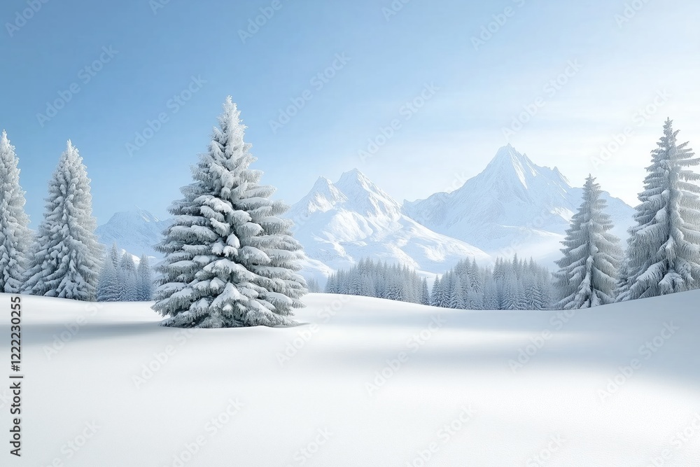 Naklejka premium Snow-covered pine tree forest with mountain peaks in the background under a bright blue sky. Pristine nature and winter landscapes.