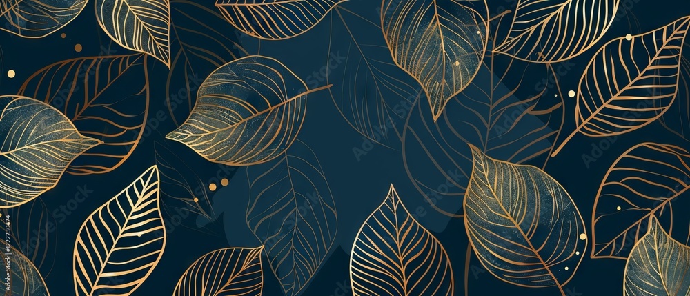 Luxurious gold leaf wallpaper design with intricate natural leaf line art, perfect for fabric prints, background textures, and elegant interior décor – high-quality vector illustration Luxurious gold leaf wallpaper design with intricate natural leaf line art, perfect for fabric prints, background textures, and elegant interior décor – high-quality vector illustration