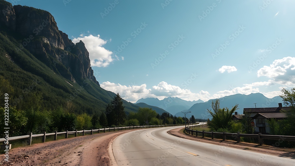 Scenic mountain road winding through a valley, passing by a village under a bright blue sky with fluffy clouds. Scenic mountain road winding through a valley, passing by a village under a bright blue sky with fluffy clouds.