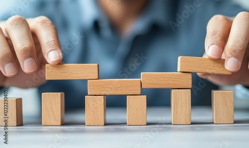Hands building bridge with wooden blocks, connecting gap, problem-solving concept