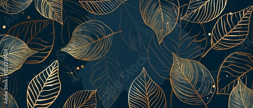Fototapeta Naklejka Na Ścianę i Meble -  Luxurious gold leaf wallpaper design with intricate natural leaf line art, perfect for fabric prints, background textures, and elegant interior décor – high-quality vector illustration