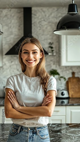 Confident woman smiling in modern kitchen with stylish decor and warm ambiance during bright daytime hours