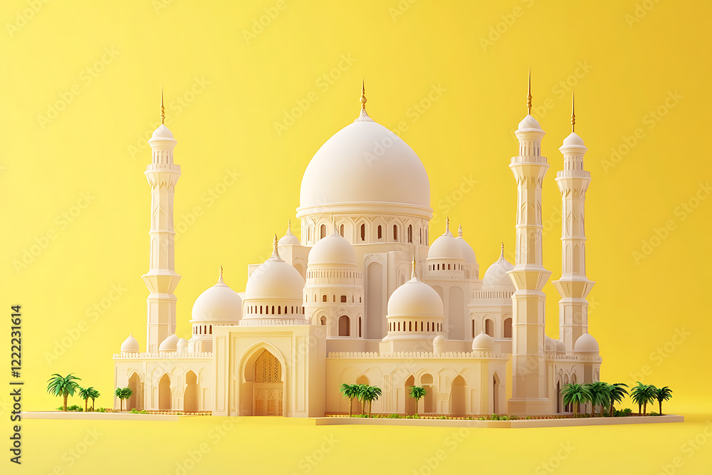 Obraz premium beautiful mosque, magnificent mosque, yellow background, islamic, ramadan Kareem, eid mubarak, eid al adha, eid al fitr, 3d rendering, generative ai