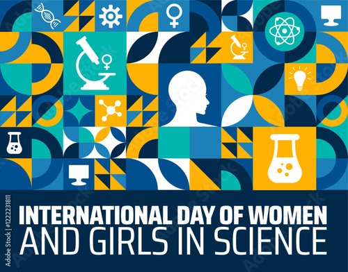 International Day of Women and Girls in Science geometric shape pattern background banner or poster design template. observed every year in February. Holiday concept. Use to any Template, card, poster