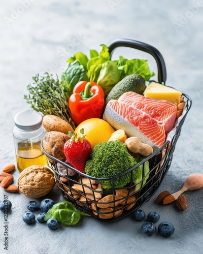 Grocery basket overflowing with brain-boosting foods for a healthier mind and sharper focus. photo