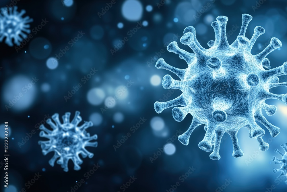 Digital representation of a microscopic virus particle with a blue background. Healthcare and virology concepts. Digital representation of a microscopic virus particle with a blue background. Healthcare and virology concepts.