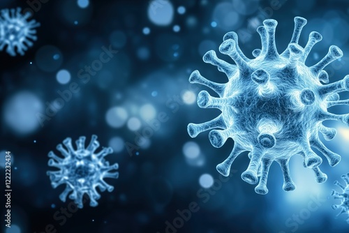 Digital representation of a microscopic virus particle with a blue background. Healthcare and virology concepts. photo