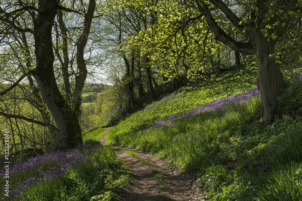 Path Through a Spring Forest A winding dirt path through a vibrant green forest, with dappled sunlight on the ground Path Through a Spring Forest A winding dirt path through a vibrant green forest, with dappled sunlight on the ground