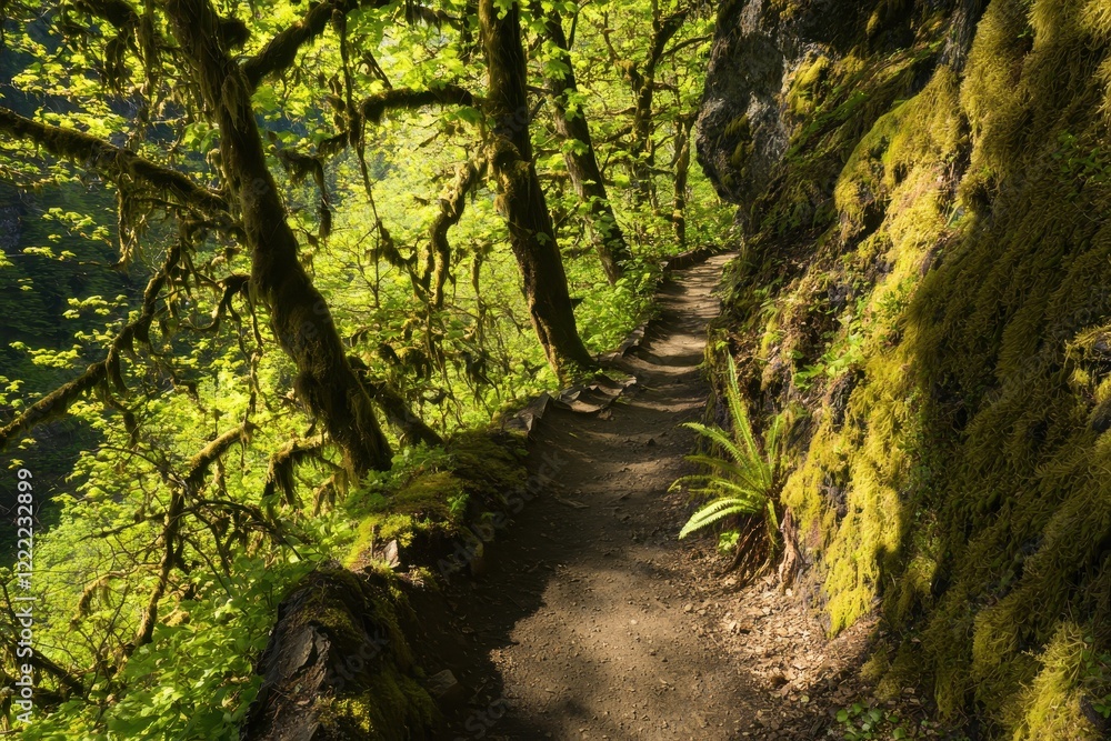 Path Through a Spring Forest A winding dirt path through a vibrant green forest, with dappled sunlight on the ground Path Through a Spring Forest A winding dirt path through a vibrant green forest, with dappled sunlight on the ground