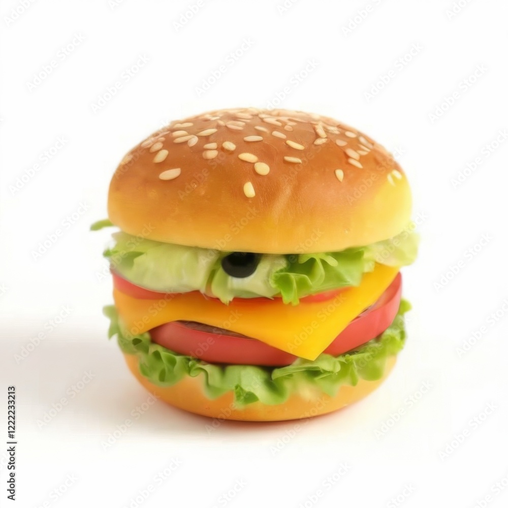Small Toy Hamburger with Smiley Face, Golden Brown Bun, Sesame Seeds, Layers of Cheese, Tomato, Lettuce, Onion on White Background Small Toy Hamburger with Smiley Face, Golden Brown Bun, Sesame Seeds, Layers of Cheese, Tomato, Lettuce, Onion on White Background