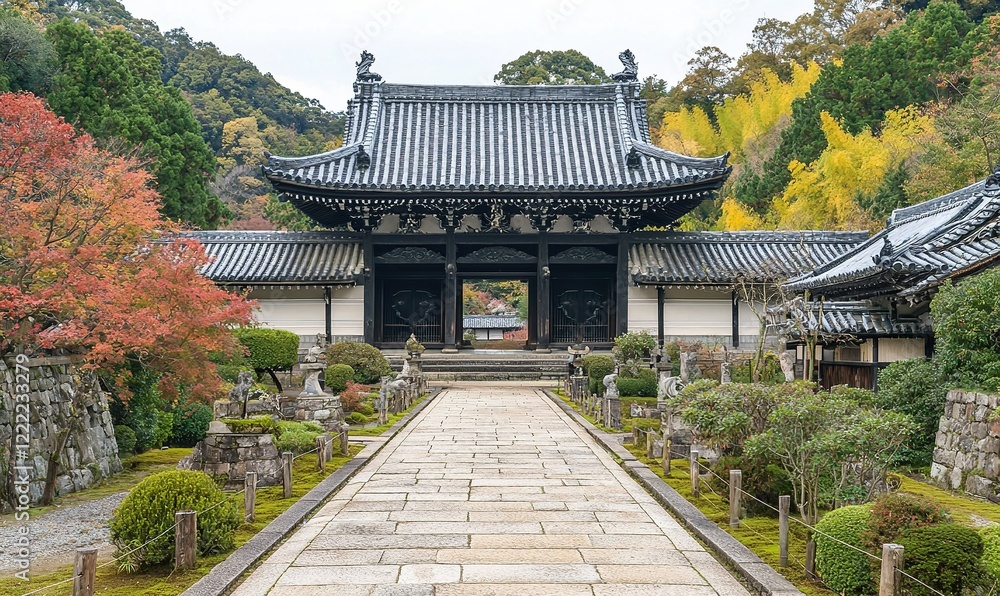 Japanese temple gate with autumn foliage, stone path, peaceful garden setting Japanese temple gate with autumn foliage, stone path, peaceful garden setting