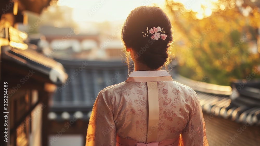 Back view of korean asian woman in traditional korean dress or hanbok dress walking in old palace in night with full moon, Seoul city, South Korea,copy space. Back view of korean asian woman in traditional korean dress or hanbok dress walking in old palace in night with full moon, Seoul city, South Korea,copy space.