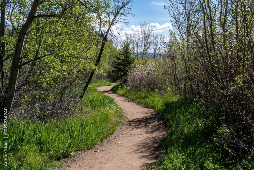Path Through a Spring Forest A winding dirt path through a vibrant green forest, with dappled sunlight on the ground Path Through a Spring Forest A winding dirt path through a vibrant green forest, with dappled sunlight on the ground