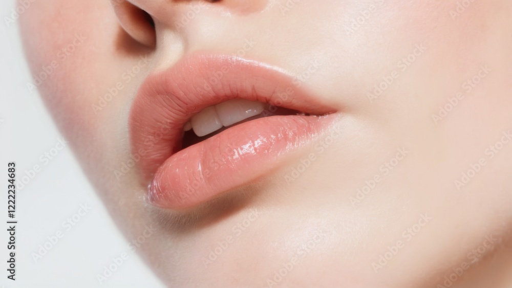 Obraz premium Closeup of woman's full, glossy lips with light pink color, smooth skin, and visible nose, shot from elevated angle on white background.