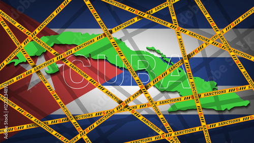 Vector illustration. Crossed yellow ribbons with inscription, sanctions against background of green silhouette of map of Cuba and national flag. Political economic banner. Ban and embargo