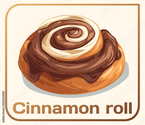 Sweet and Delicious Vector Cinnamon Roll Illustration. Delightful classic cinnamon roll with a rich, decadent chocolate frosting. The cartoon-style design features a single, fluffy swirl drizzled 