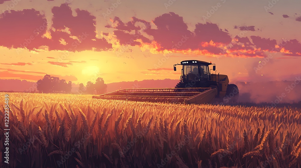 Fototapeta premium Golden Harvest Sunset: A tractor harvests wheat in a picturesque field at sunset, painting the sky with vibrant orange and pink hues.