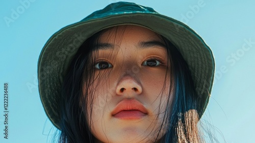 Under a clear blue sky, an Asian woman wearing a green hat gazes directly at the camera, showcasing her natural beauty and the bright warmth of a summer day, evoking a sense of peace and wonder photo