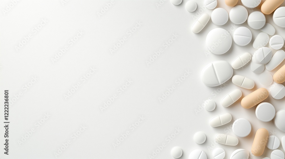 Flat-lay of various white and beige pills scattered on white background with copy space. healthcare and medical concept Flat-lay of various white and beige pills scattered on white background with copy space. healthcare and medical concept