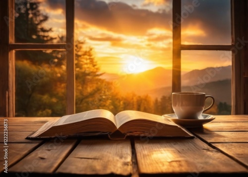 Tranquil scene with an open book and coffee on a wooden table by a sunsetlit window overlooking a picturesque landscape.