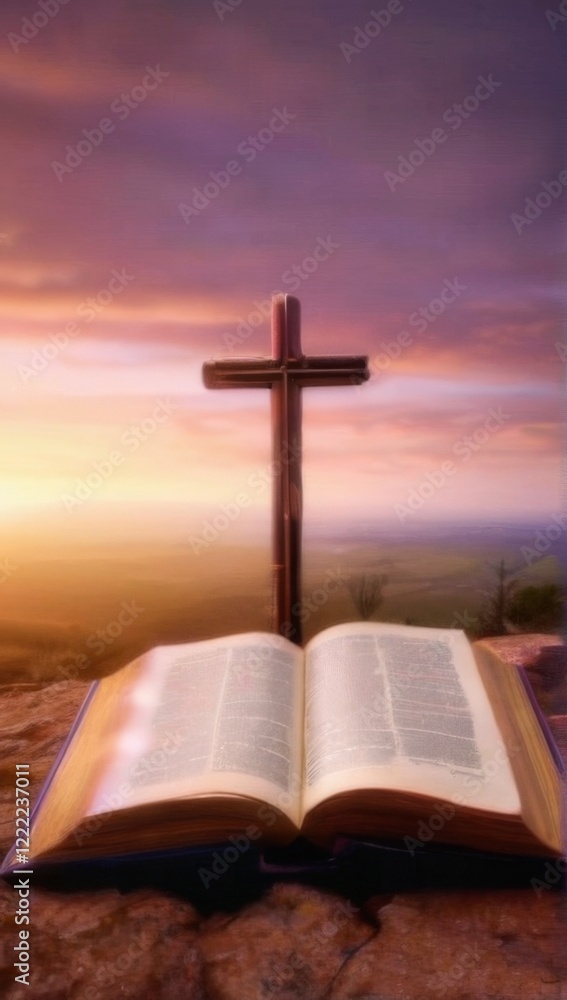 Serene Sunset: Open Book with Cross on Rocky Surface, Vibrant Sky Colors and Blurred Landscape Background Serene Sunset: Open Book with Cross on Rocky Surface, Vibrant Sky Colors and Blurred Landscape Background
