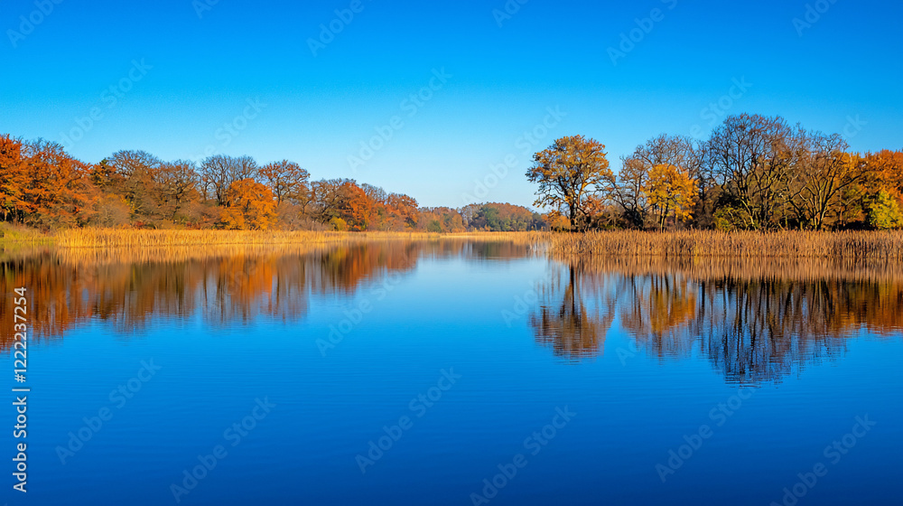 Serene autumn landscape with vibrant trees reflecting in calm river under clear blue sky Serene autumn landscape with vibrant trees reflecting in calm river under clear blue sky