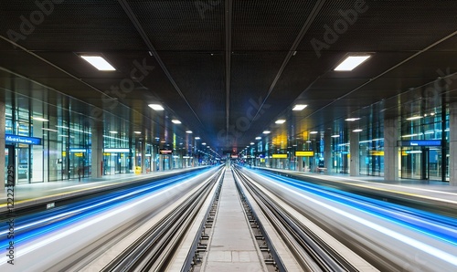 Light trails of train in modern station at night