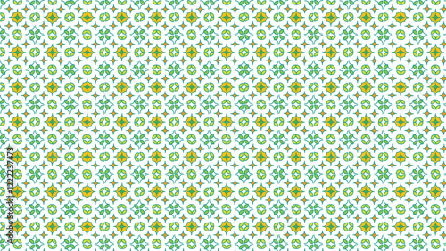 A digitally created seamless pattern featuring repetitive green and yellow geometric shapes. Perfect for use in backgrounds, wallpapers, textiles, and graphic designs requiring an intricate and vibran