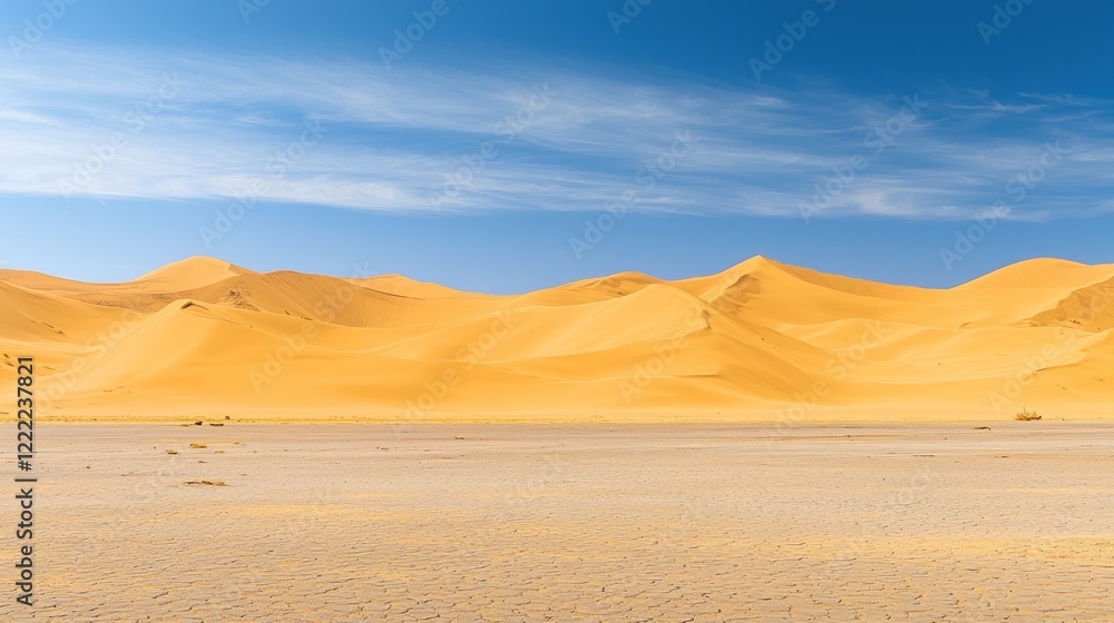 Desert landscape, dunes under blue sky, arid land, travel brochure Desert landscape, dunes under blue sky, arid land, travel brochure