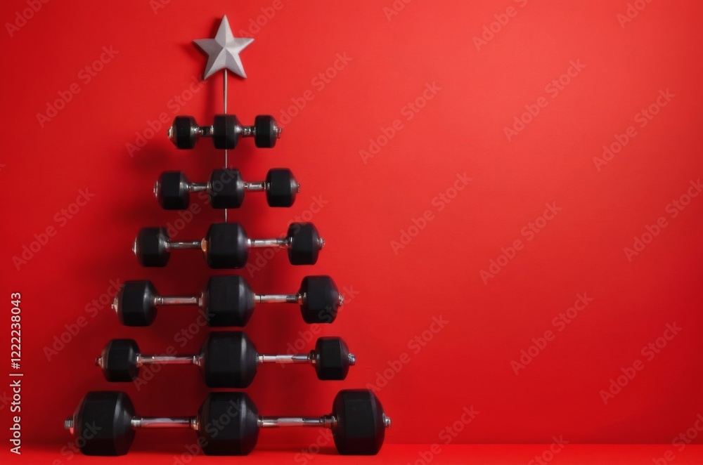 Fototapeta premium Festive Christmas Tree Made of Black Dumbbells in Pyramid Shape on Red Background with Star on Top