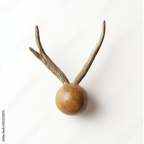 Rustic deer antler wall hook with a round wooden base. photo