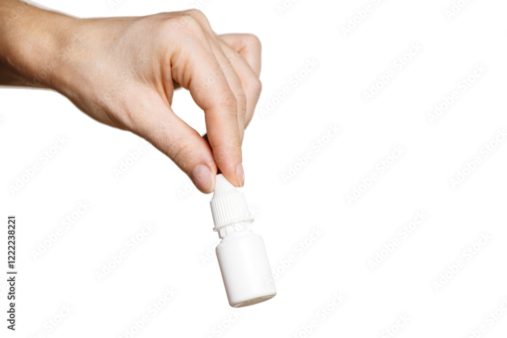 a tube of drops for eyes, nose on a light background in a woman's hand. a tube of drops for eyes, nose on a light background in a woman's hand.