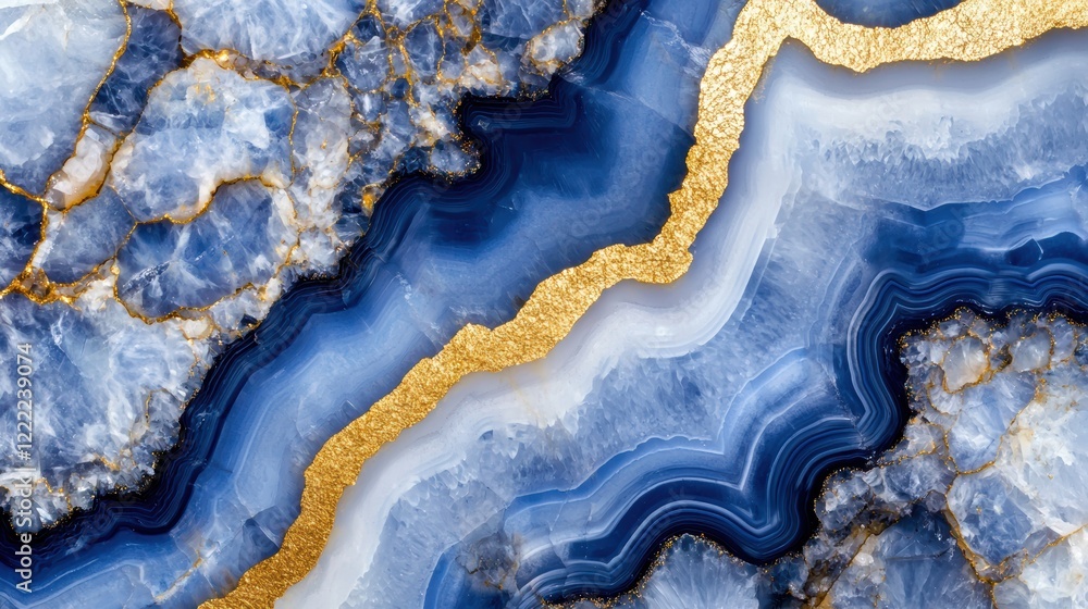 Obraz premium Deep blue geode texture with intricate layers and bold golden streaks, creating a striking abstract and luxurious visual
