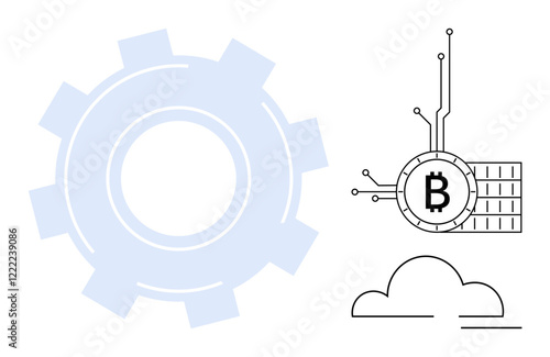 Large gear next to Bitcoin symbol connected to circuit lines above cloud is visible. Ideal for cryptocurrency technology cloud computing blockchain systems digital finance fintech industries