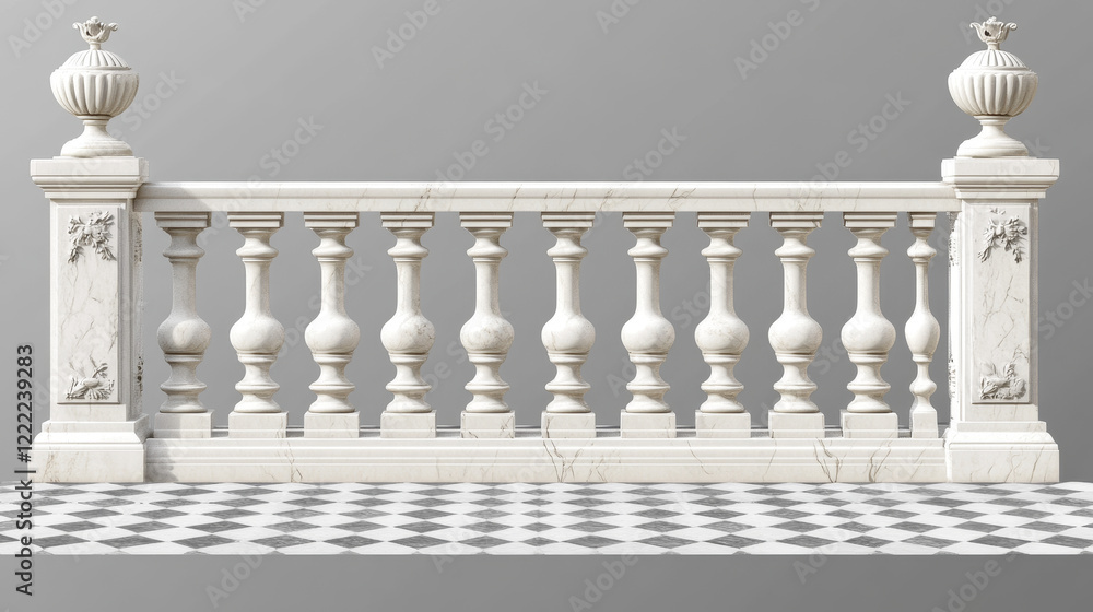 Fototapeta premium White marble balustrade on balcony, porch or terrace with tiled floor. Stone handrail in classic roman style isolated on transparent background. Vector realistic mockup with baroque railing