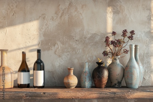 High Definition Visual of a Table with Several Vases and Bottles of Wine on it photo