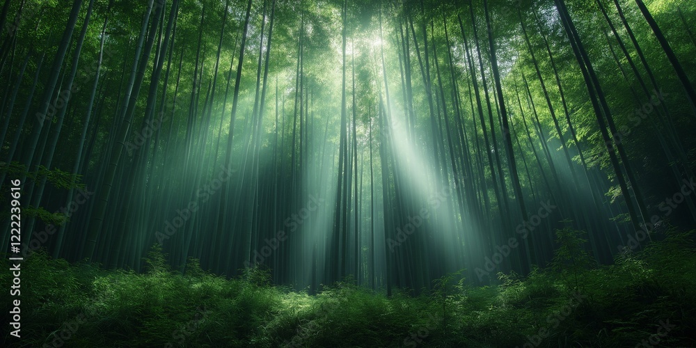 Obraz premium A forest with sunlight shining through the trees