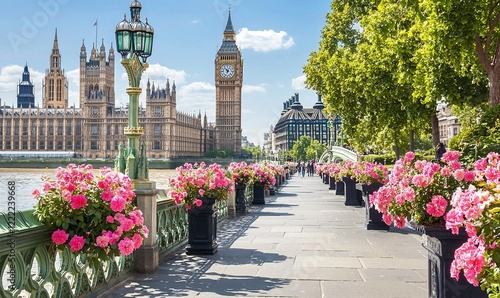 London Big Ben & Parliament in spring, sunny day, flowers, tourists walking on bridge, ideal for travel ads