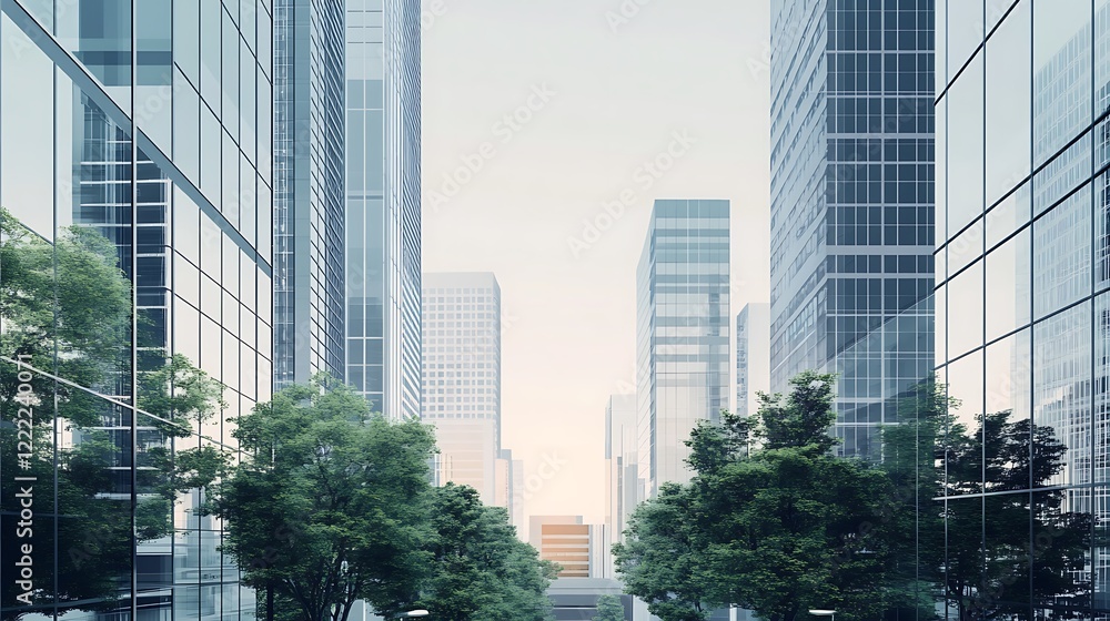 Modern Cityscape: Green Oasis Among Glass Towers Modern Cityscape: Green Oasis Among Glass Towers